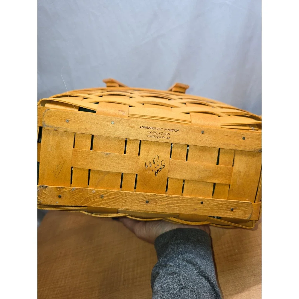 Vintage Longaberger Signed Basket, Liner, Insert, paperwork Slanted Swing Handle